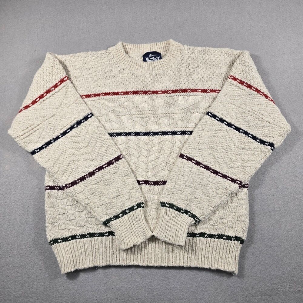Woolrich Men's Large Vintage Textured Striped Crewneck Sweater Cream Multi-Color